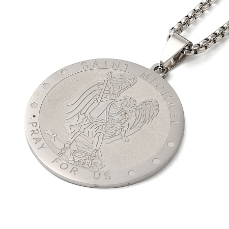 Non-Tarnish Flat Round 304 Stainless Steel Saint Michael Medal Pendant Necklaces for Women and Men NJEW-F324-08P-1