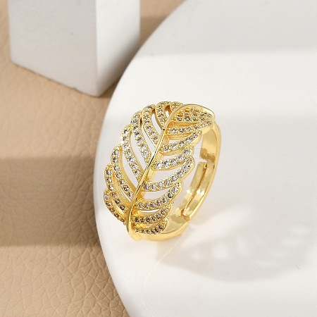 Rack Plating Leaf Brass Micro Pave Cubic Zirconia Cuff Rings for Women RJEW-M028-67G-1