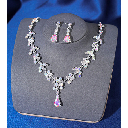 Teardrop Alloy Rhinestone Pendant Necklaces & Stud Dangle Earrings Sets FS-WGE9DA1-07-1