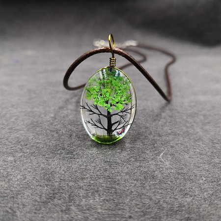 Alloy Wire Wrapped Oval Glass Inner Dried Flower Tree Pendant Waxed Cord Necklaces for Women FS-WG6B63C-17-1