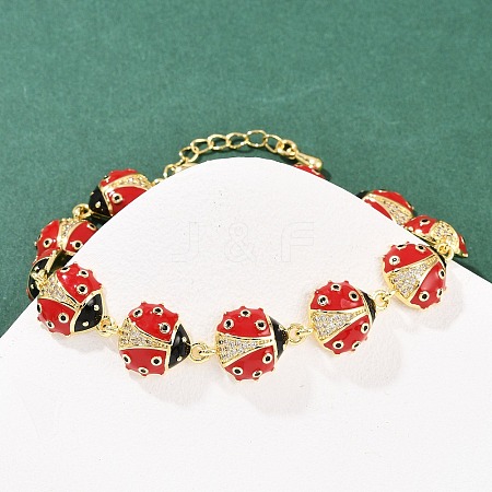 Brass Micro Pave Clear Cubic Zirconia with Enamel Red Ladybug Link Chain Bracelets for Women BJEW-L707-02G-1