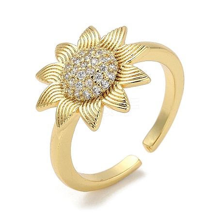 Sunflower Rack Plating Brass Micro Pave Cubic Zirconia Cuff Finger Rings for Women RJEW-C114-06G-1