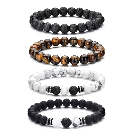 4Pcs Natural Lava Rock & Tiger Eye & Howlite Beaded Stretch Bracelets for Women Men QY3099-1