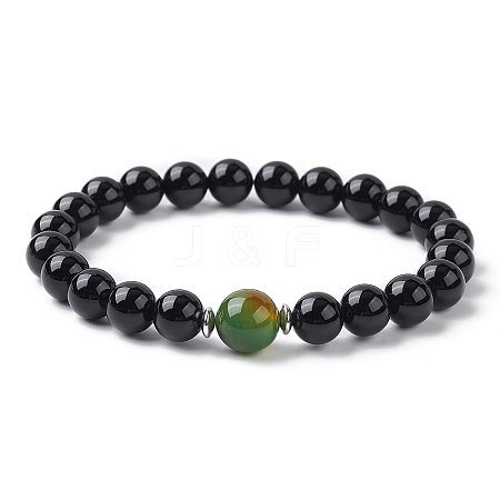 Natural Dyed Peacock Agate & Black Onyx Round Beaded Stretch Bracelets BJEW-TA00408-1