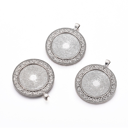 Tibetan Style Flat Round Alloy Big Pendant Cabochon Settings TIBEP-Q051-07AS-RS-1