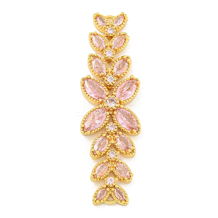 Brass Pave Pink Cubic Zirconia Flower with Leaf Links Connector Charms KK-P277-52G-02-1