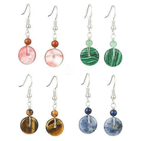 4 Pairs Natural Mixed Stone & Synthetic Cherry Quartz Glass & Synthetic Malachite Dangle Earrings for Women EJEW-TA00565-1