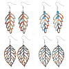 FIBLOOM 4 Pairs 4 Style Wood Hollow Leaf Dangle Earrings EJEW-FI0001-95-1