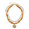 Dyed Natural Freshwater Shell Chip & Transparent Frosted Glass Nuggets Beaded Brass Shell Shaped Pendant Double Layer Necklaces NJEW-OC00005-1
