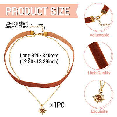 Alloy Resin Sun Pendant Single Face Dark Red Velvet Ribbon & Brass Chain Double Layered Choker Necklaces NJEW-TAC0039-1
