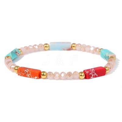 Dyed Synthetic Imperial Jasper Cuboid & Faceted Rondelle Dyed White Jade & Round Brass Beaded Stretch Bracelets QY8342-8-1
