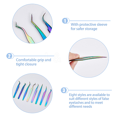 8Pcs 8 Styles 430 Stainless Steel Eyelash Tweezers Clips TOOL-FH0001-57-1