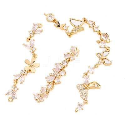 4Pcs 4 Styles Brass Pave Clear Cubic Zirconia Flower Butterfly Connector Charms KK-TA0008-72G-1
