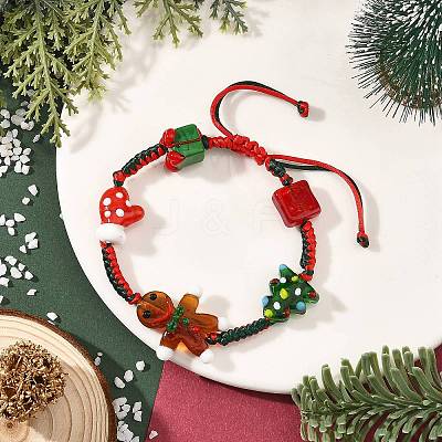 Adjustable Handmade Lampwork Christmas Tree Gift Box Gingerbread Man Braided Bead Bracelets for Women BJEW-TA00753-1