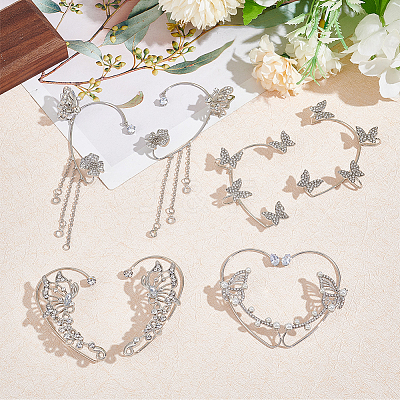 4 Pair 4 Style Butterfly Alloy Rhinestone Cuff Earrings EJEW-AN0003-81-1