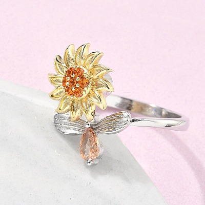 Sunflower and Dragonfly Rotatable Open Ring for Women RJEW-M139-16P-1