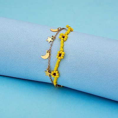 Glass Seed Braided Flower Multi-strand Bracelet BJEW-SW00069-01-1