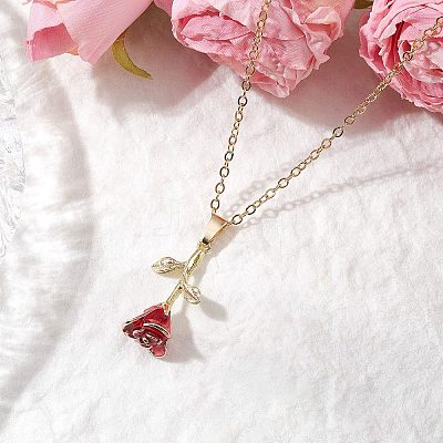 Valentine's Day Alloy Dark Red Enamel Rose Flower Pendant Necklaces X1-NJEW-TA00183-1