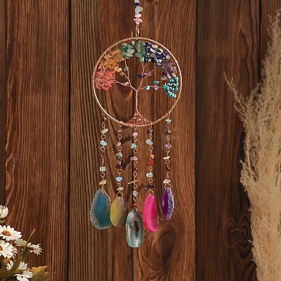 7 Chakra Copper Wire Wrapped Natural & Synthetic Mixed Stone Chips Tree of Life Suncatchers HJEW-F027-06-1