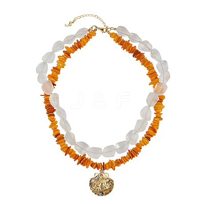 Dyed Natural Freshwater Shell Chip & Transparent Frosted Glass Nuggets Beaded Brass Shell Shaped Pendant Double Layer Necklaces NJEW-OC00005-1