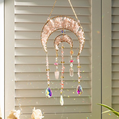Double Moon Natural Rose Quartz Chips Beads Suncatchers HJEW-F027-02-1