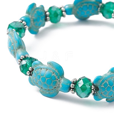 Synthetic Turquoise Turtle & Glass Beaded Stretch Bracelet BJEW-JB09763-1