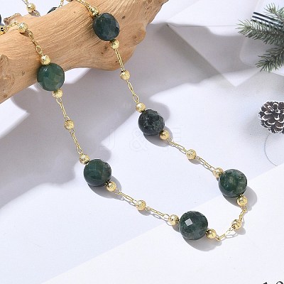 Natural Moss Agate Faceted Flat Round Beaded Chain Necklaces with Matte Brass Beads GG-CBA37F5-01G-03-1