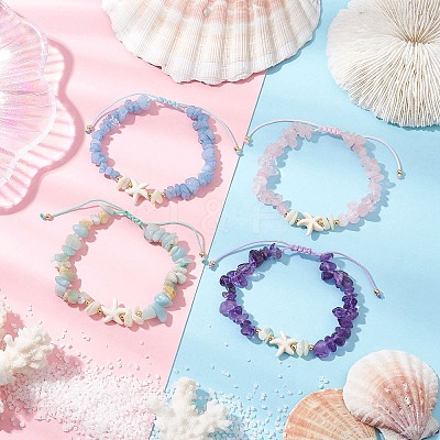 4Pcs Natural Gemstone Chip Braided Bead Bracelets BJEW-JB11540-02-1