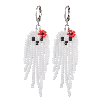 Halloween Woven MIYUKI Seed Beads Ghost Hoop Earrings EJEW-JE05854-02-1