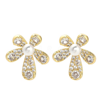 Flower Brass Micro Pave Clear Cubic Zirconia Stud Earring Findings KK-D102-08G-1