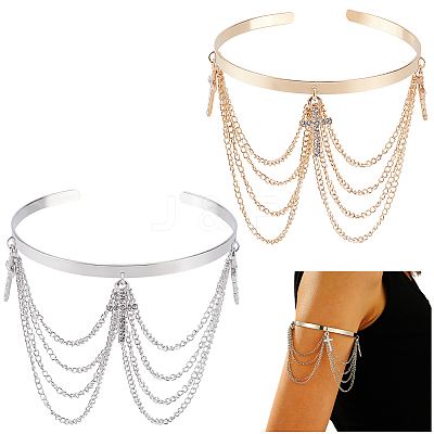 2Pcs 2 Colors Bohemia Style Tassel Alloy Upper Arm Open Cuff Bangles for Women BJEW-CY0001-03B-1