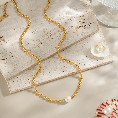French Natural Freshwater Pearl Potato Stainless Steel Rice Beaded Necklaces for Women KT1786-1