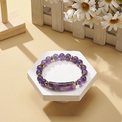 Natural Amethyst Rectangle Beaded Stretch Bracelet BJEW-JB08982-05-1
