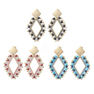 3 Pairs Rhombus Mixed Stone & Glass Seed Beads Dangle Stud Earrings EJEW-MZ00666-1