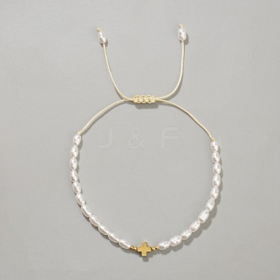 Synthetic Non-magnetic Hematite Cross Imitation Pearl Beaded Braided Bracelets for Women DB0694-5-1