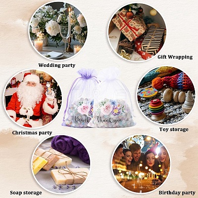 20Pcs Thank You Flower Printed Organza Drawstring Bags OP-YW0001-04A-1