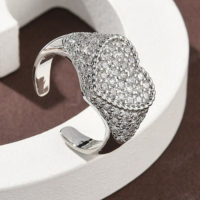 Heart Brass Micro Pave Cubic Zirconia Cuff Rings for Women RJEW-A069-11P-01-1
