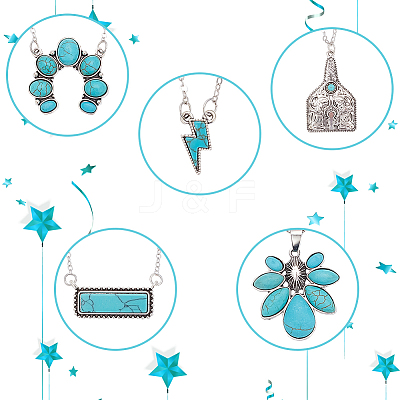 5Pcs 5 Style Flower & Rectangle & Lightning & Cow Tag Synthetic Turquoise Pendant Necklaces Sets NJEW-AN0001-04-1