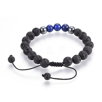 Natural Lava Rock and Non-Magnetic Synthetic Hematite Beads Braided Bead Bracelets BJEW-JB03975-02-1