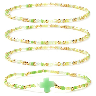 4Pcs Vintage Cylinder Seed Beads & Brass Beaded Bracelet Sets VC6317-1-1