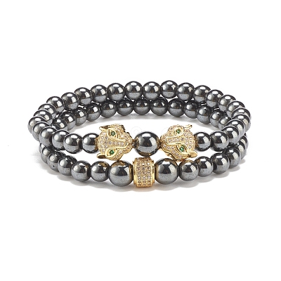 2Pcs 2 Style Synthetic Hematite Stretch Bracelets Sets BJEW-SZ0002-50G-1
