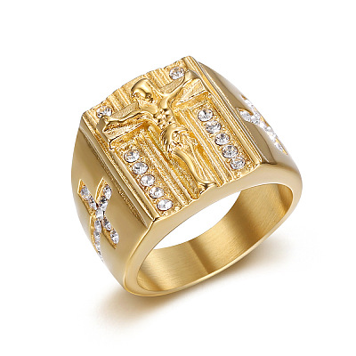 Cross with Jesus Pattern 304 Stainless Steel with Crystal Rhinestone Finger Rings for Men FS-WG78AD7-05-1
