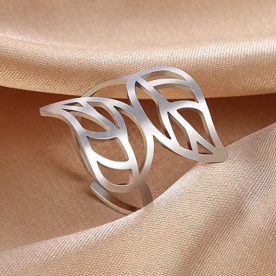 Hollow Out Leaf 201 Stainless Steel Adjustable Cuff Rings FS-WG4978C-01-1