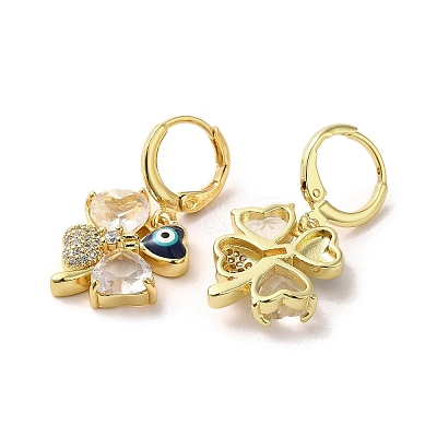 Clover with Evil Eye Golden Brass Dangle Leverback Earrings EJEW-Q797-20G-1