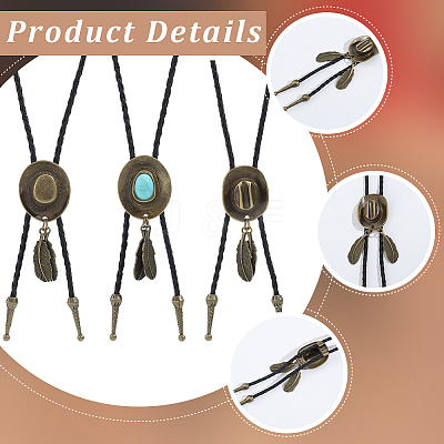 3Pcs 3 Styles Black PU Imitation Leather Alloy Pave Synthetic Turquoise Feather Cowboy Hat Polo Tie Lariat Necklaces for Men NJEW-GF0001-17-1