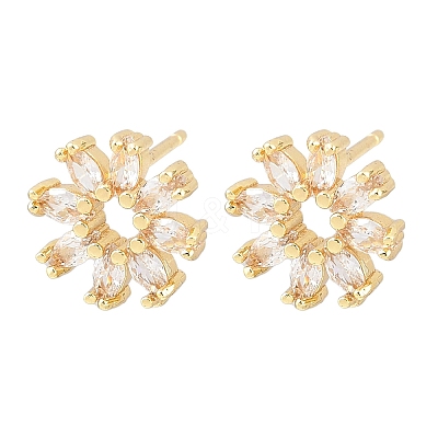 Flower Brass Micro Pave Clear Cubic Zirconia Stud Earrings EJEW-F400-01C-G-1