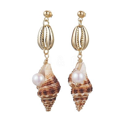 Alloy Natural Shell Beaded Dangle Stud Earrings EJEW-JE06268-1