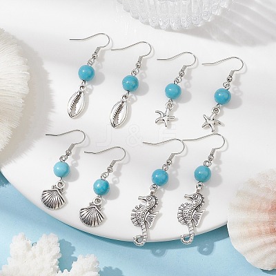 4 Pairs 4 Styles Synthetic Turquoise Beaded Dangle Earrings EJEW-JE05496-S-1