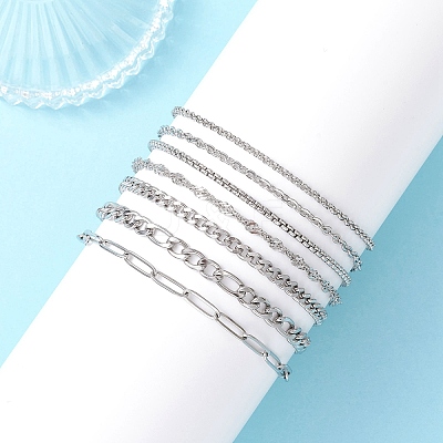 7Pcs 304 Stainless Steel Figaro Chains & Venetian Chains & Water Wave Chains & Cable Chains & Rolo Chains & Bracelets for Women BJEW-JB12773-1