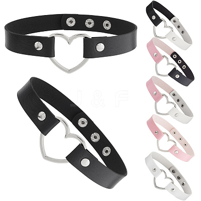 6Pcs 6 Styles Adjustable Gothic Two Tone PU Leather Alloy Heart Choker Necklaces for Women NJEW-CL0007-07-1